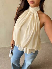 Auralis 大码女式纯色露背吊带系带上衣 - 杏色 - 查看 2