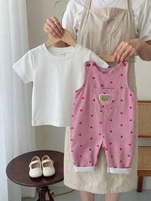 SHEIN Conjunto informal y cómodo de niña bebé con camiseta y pantalones tipo babero con estampado de oso y corazón, para primavera/verano - Rosa - Ver 9