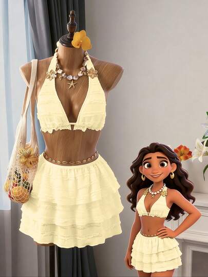 Bellisia 女士夏季度假甜杏色花卉装饰挂脖三角杯短裤三件套泳衣套装，沙滩装