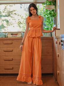 Lullawish Bộ đồ ngủ nữ bằng vải cotton dệt kiểu Bohemian với dây đeo mảnh. - trái cam - Xem 4