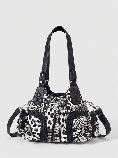 ROMWE Grunge Punk Bolso de hombro de moda para mujer, bolso de mujer con estampado de leopardo estilo punk, bolso de mujer tipo tote, bolso de mujer estilo locomotora Spice Girl, bolso cruzado de mujer, bolso de mujer para ir al trabajo