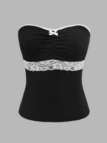 IslaSuriya Women's Lace Patchwork Bow Ruched Bandeau Top - Black - View 3