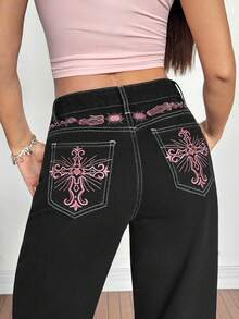 SHEIN PETITE 女士爆款Y2K高腰阔腿牛仔裤，水洗黑牛仔布，粉色十字刺绣宽松牛仔裤，夏季街头风穿搭的理想之选，十字刺绣口袋阔腿宽松休闲牛仔裤 - 白色 - 查看 7