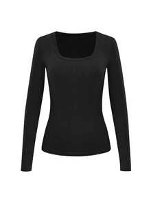 EMERY ROSE 3pcs Women's Solid Color Round Neck Long Sleeve Ribbed Fitted Casual T-Shirts - Multicolor - View 4
