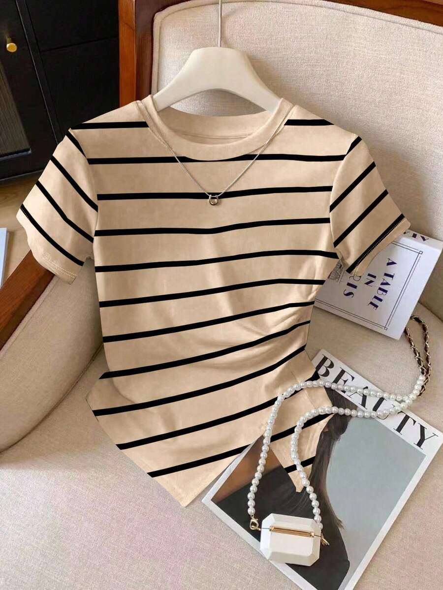 GlowEve Casual Striped Asymmetric Hem T-Shirt, Summer - Khaki - View 1