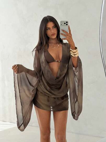 Aloruh 女士夏季新款优雅性感时尚俏皮浪漫海滩度假派对郊游聚会波西米亚扎染印花网纱长袖深V领垂褶迷你连衣裙