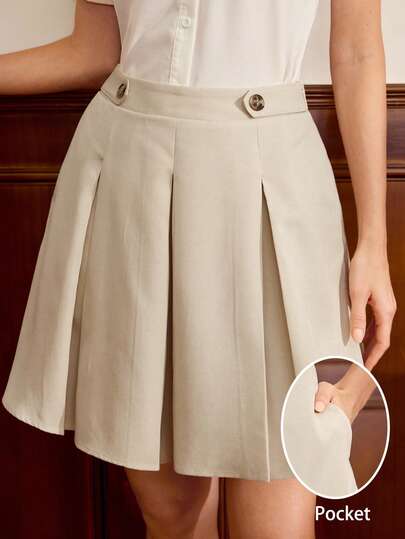 Vintamour Falda corta clásica y elegante de estilo vintage para mujer, falda ajustada a la cintura con bolsillos, para primavera/verano, color caqui