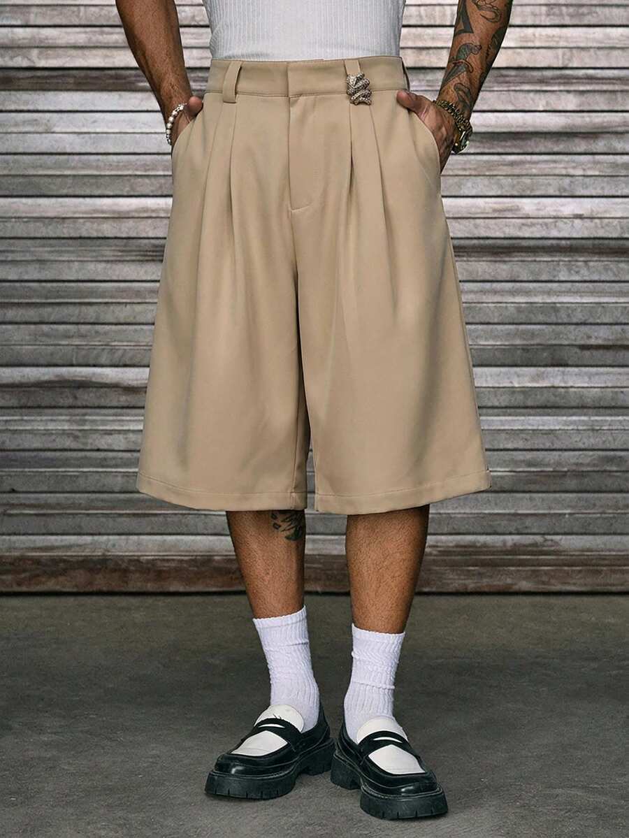 AXEPEAK 男士纯色褶皱阔腿宽松休闲短裤 - 卡其色 - 查看 1