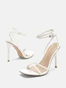 女士时尚高跟凉鞋，PU皮革绑带凉鞋，简约方头凉鞋，白色漆皮高跟凉鞋，细高跟凉鞋，夏季户外常规凉鞋，女士白色凉鞋，细高跟鞋 - 白色 - 查看 7