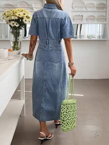 DAZY 女士休闲水洗牛仔连衣裙，带假口袋和开衩，夏季长款连衣裙 - 中等水洗藍 - 查看 2