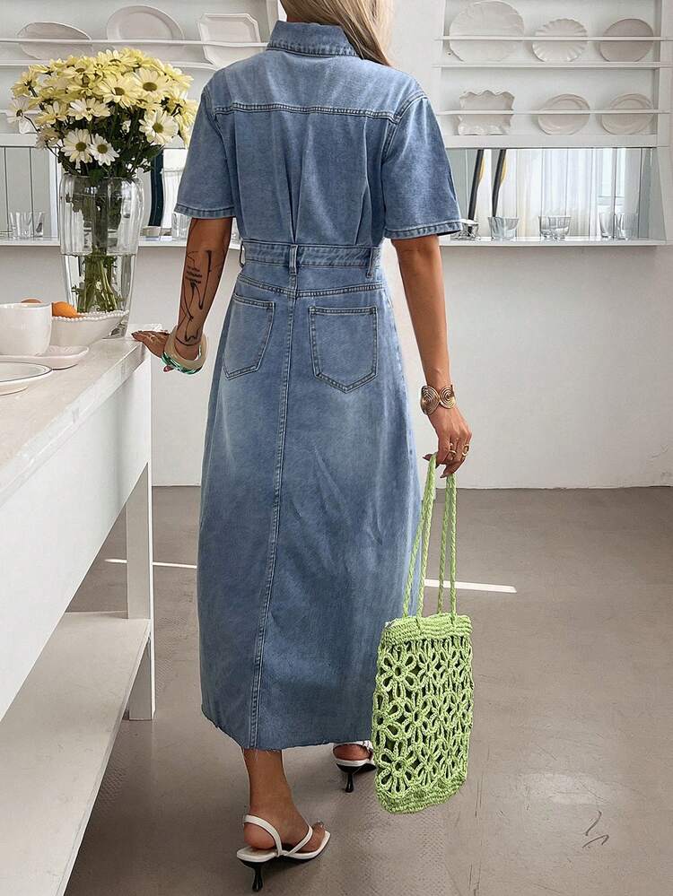Women's Casual Washed Denim Dress With Faux Pockets & Slit, Summer Maxi Dress
