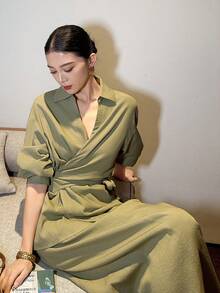 DAZY 女士休闲纯色系带衬衫和半裙两件套，春夏款 - 綠色 - 查看 7