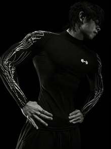 RISE LYT Men's Graphic Print Stand Collar Slim Fit Long Sleeve Athletic T-Shirt Rash Guard Men Compression Long Sleeve Compression Shirt Men Compression Shirts Compression Top Compression Shirt Men - Black - View 1