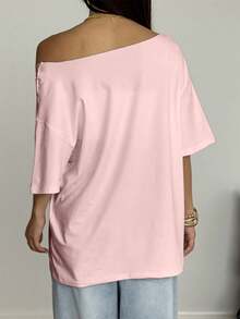 StreetHx 女士宽松白色T恤，露肩芙蓉花印花沙滩风超大码T恤 - 粉色 - 查看 2