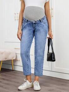 SHEIN Maternity Cuffed Light Blue Casual Fall Autumn Winter Halloween Christmas New Year Thanksgiving Versatile Jeans With Belt Loops , Y2k Cute Party Streetwear Techno Birthday Airport Mom Jeans - Blue - View 5