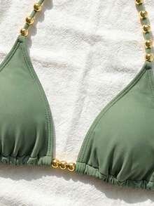 Swim Basics Áo bikini nữ gợi cảm buộc dây cổ, điểm nhấn hạt vàng, hàng mới về mùa hè. - xanh quân đội - Xem 4