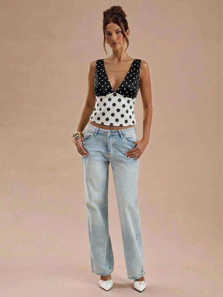 SHEIN BAE 女士优雅印花性感深V领修身黑白波点印花吊带背心，适合春夏度假、休闲海滩穿着、外出、街头、通勤、约会等场合，时尚别致。 - 彩色 - 查看 5