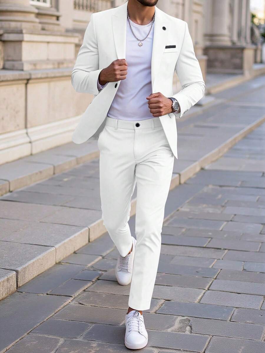 Manfinity Mode Men's Solid Color Minimalist Casual Long Sleeve Top And Pants Suit - White - View 1