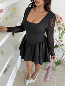 SHEIN EZwear Abito elegante da festa con vita aderente, in taglie comode, con inserti in rete e volant - nero - Visualizzare 5