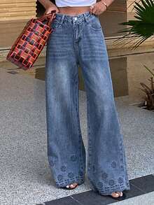 DAZY Jeans elegantes con cintura regular y dobladillo acampanado para mujer - Azul lavado oscuro - Ver 4