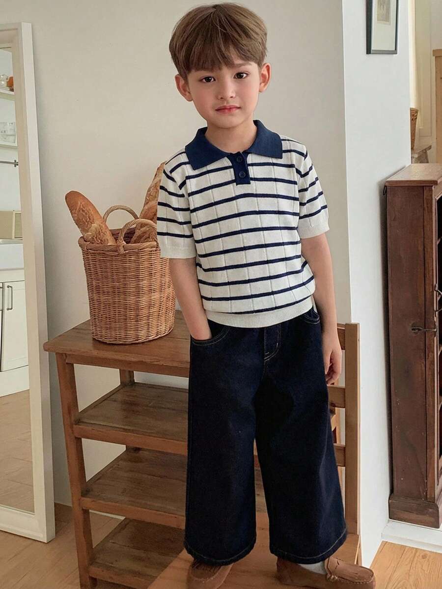 Dazy Kids Young Boys' Colorblock Striped Short Sleeve Sweater Summer - Navy Blue - View 1