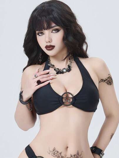 ROMWE Gothic Women's Sexy Fashionable Versatile Basic Solid Color Five-Pointed Star Metallic Bust Decoration Tie Halter Neck Deep V Backless Swimwear Top.Spring Break Goth Swimwear 2026.Pentagram Halter Bikini, Music Festival Goth Outfit