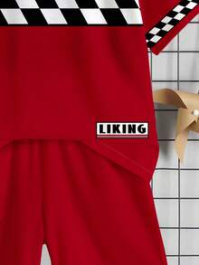 SHEIN Conjunto de camiseta casual minimalista para niño pequeño, adecuado para el verano, con cultura de carreras clásica, estampado a cuadros en blanco y negro, estampado del número 11, estampado de logotipo de texto clásico - Multicolor - Ver 7