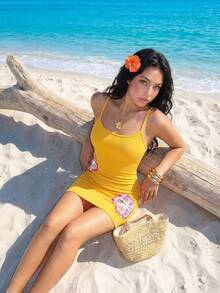 Sweetina Vestido mini ajustado con camisola de mujer, con bordado de flores y lentejuelas, para uso en verano, vacaciones, fiestas en la playa y atuendos de playa. Vestido de mujer para el verano. - Naranja - Ver 5