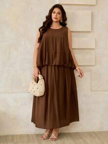 Roveilla Plus Size Women's Spring/Summer French Elegant Luxury Minimalist Design Casual Bohemian Vacation/Work Commute Vintage Style Comfortable Solid Color Semi-Sheer Sleeveless Blouse With Drawstring Waist And Pockets, Long Skirt Women Clothes Women's Dress Brown Dresses Women Casual Dresses Brown Dresses For Women Dress For Women Latest Dress Style For Women - Brown - View 7