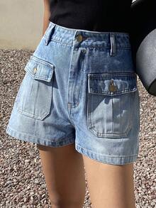 Livesso Women's Washed Blue Denim Shorts With Large Pockets, Suitable For Summer Beach Holiday Jorts - Blue - View 8