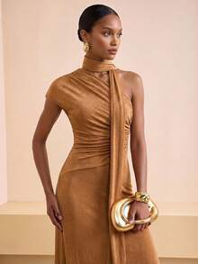 Zivah 2026 Spring New Mediterranean Vacation Style Asymmetric Design Neck Tie Waist Ruched Khaki Dress - Yellow - View 7