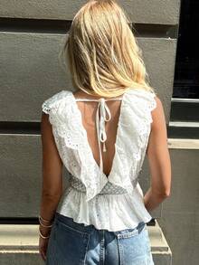 Elyressa Women's Summer Vacation Patchwork Ruffle Hem Embroidered Sleeveless Blouse - White - View 2