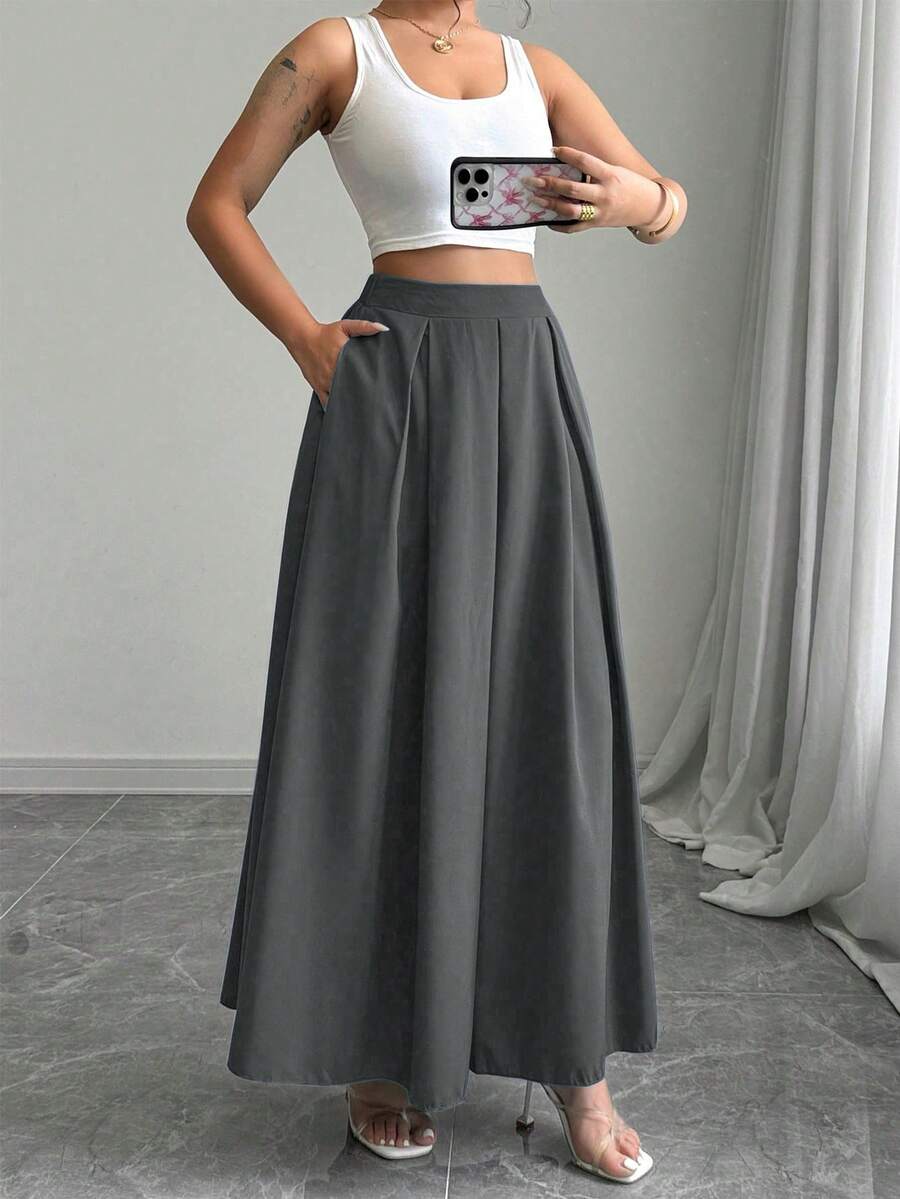 Rafferiza Petite Petite Solid Color A-Line Pocket Waist Skirt For Women Maxi Women Outfit - Grey - View 1