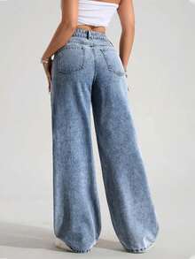 SHEIN Jeanoir Women's High Waist Pockets Wide Leg Loose Casual Denim Jeans - Medium Wash - View 2