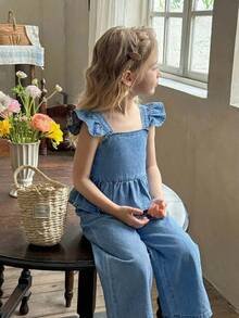 2件套女童浅蓝色牛仔荷叶边上衣和宽松裤子套装 - 淺色水洗藍 - 查看 6