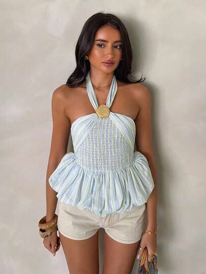 Glamine Blue & White Striped Halter Top For Women Summer, Metal Buckle Halter Design, Smocked Back Waist, Flared Ruffle Hem, Backless Sleeveless Top. Elegant & Romantic Outfit For Summer Vacation, Dating, Graduation Season And Other Occasions Blue Summer Top Light Blue Top