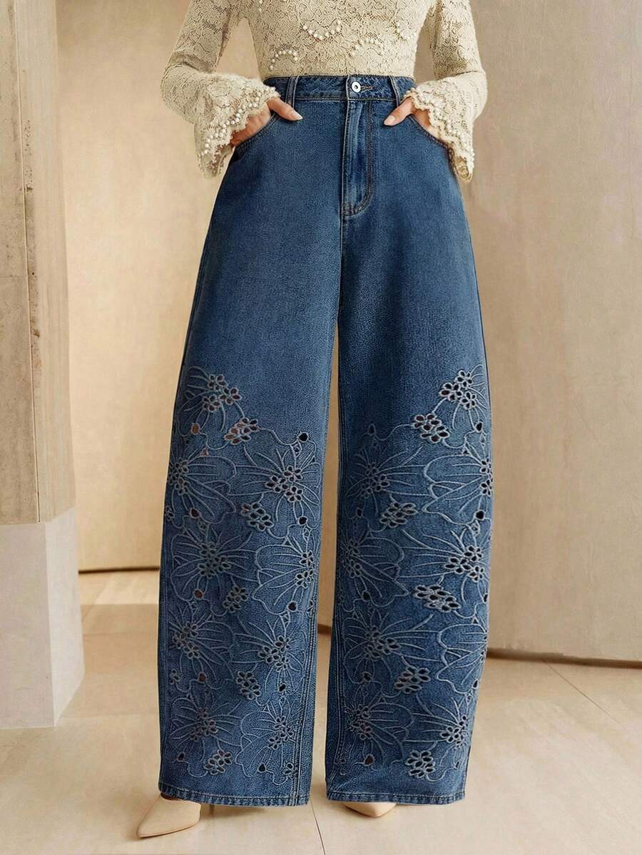 Anewsta 春夏蓝色独特刺绣阔腿喇叭牛仔裤，高腰宽松筒状修身喇叭裤，女士款 - 藍色 - 查看 1