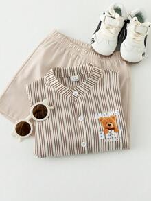 SHEIN Genkimix Kids 2pcs/Set Toddler Boys' Outfit,Khaki Striped Bear Print Short Sleeve Shirt+Solid Shorts,Linen Summer,Family Matching Retro Casual Suit For 7 Years Old - Multicolor - View 7