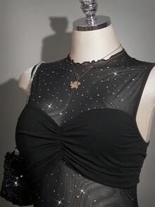 SHEIN ICON Sexy Partykleid in Große Größen für Frauen, schwarzes ärmelloses Mesh-Patchwork-Bodycon-Kleid, Cocktailkleid - Schwarz - Übersicht 5