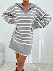 EURMUSE Women Grey Knit Design Knit Dress With Zipper Detail City Break Travel Autumn Winter Casual - Grey - View 2