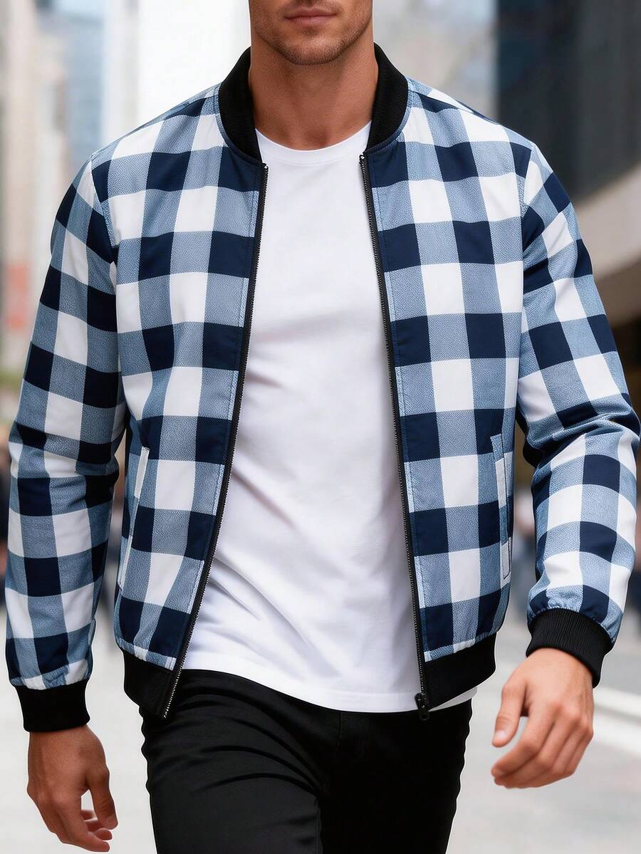 Manfinity Homme Men's Plaid Long Sleeve Zip-Up Collar Casual Baseball Jacket - Multicolor - View 1