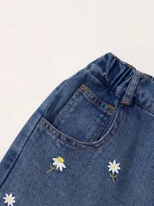 Sparklyn Quần jeans ống đứng rách rưới thêu hoa dành cho bé gái tuổi teen, quần denim mùa hè. - Rửa nhẹ - Xem 7