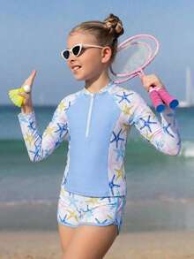 SHEIN 少女坦克背心式泳衣，儿童两件式泳衣，吊带背心搭配印花短裤，长袖泳装，拉链设计，蓝色海星图案，针织面料，适合沙滩派对、游泳池、水上乐园等场合。 - 藍色 - 查看 6