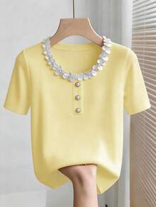 Franclia Women's Yellow Elegant Summer Knit Tops, Retro Tea Party Brunch Short Sleeve Square Neck Button Blouse, Business Casual Office Shirt For Vacation - Yellow - View 10