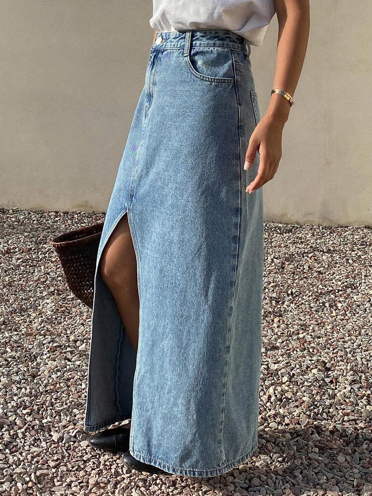 Women's Regular Waist Slit Skirt, Casual Elegant Denim A-Line Skirt