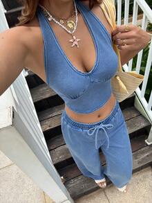 Sunnyshic Women's V-Neck Cropped Halter Top And Jeans Pants Set - Blue - View 1