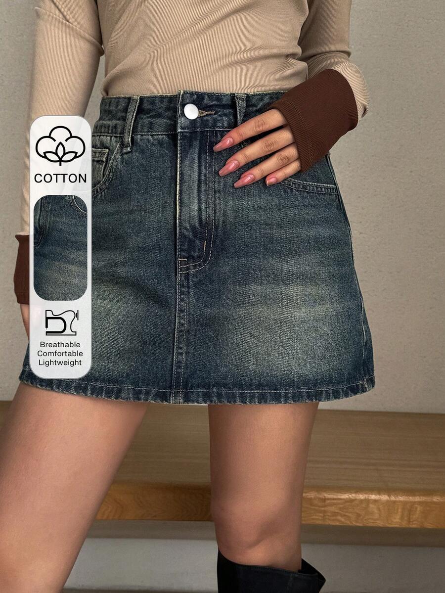 Dazy Tall 高个女款常规腰短款直筒牛仔裙，休闲街头风夏季款 - 深色水洗藍 - 查看 1