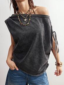 Bohemela Women's Dark Grey Summer Casual Chic Everyday Off-Shoulder T-Shirt,Bohemian Knit Roman Ruffles Beaded Details Two-Way Top,Beach Vacation - Grey - View 6