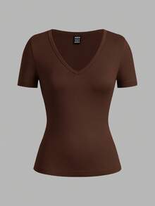SHEIN EZwear 3件套女士深V领紧身休闲短袖基础款叠穿长袖T恤套装，适合春夏穿着 - 彩色 - 查看 5