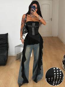 Coolane Women's Summer Y2K Grunge Concert Outfit Streetwear Music Festival Grunge Punk Cross Graphics Tube Ruffle Black Crop Top Black Corset Tops For Women - Black - View 1